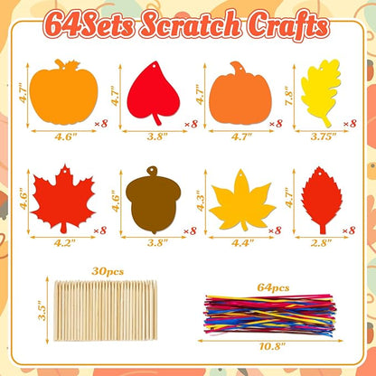 Eternity sky 64 Sets Fall Thanksgiving Crafts Colorful Leaves Pumpkin Scratch Art, Autumn Magic DIY Kit Classroom Activities Party Favors