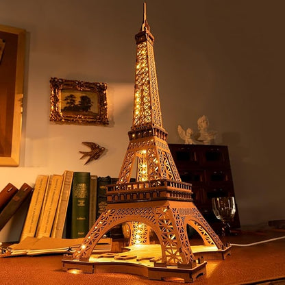 ROBOTIME 3D Puzzle for Adults DIY Model Building Kit with LED Light Wooden Eiffel Tower Craft Kit Architecture Toy Set Brain Teaser Gifts for Friend