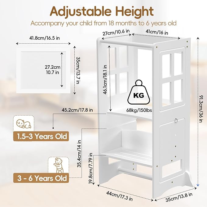 4 in 1 Toddler Kitchen Stool Helper Tower, Adjustable-Height Toddler Step Stool with Double-Sided Whiteboard, Anti-Slip Protection, Kids Learning Standing Tower for Kitchen Counter Bathroom Sink