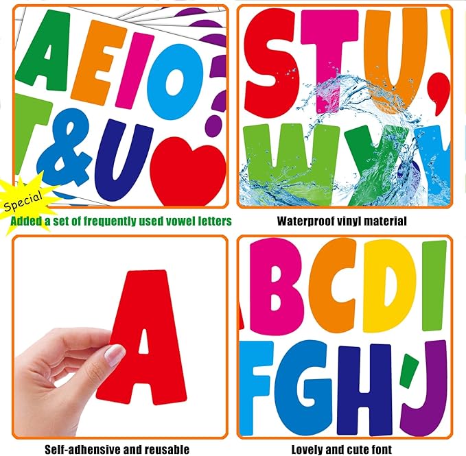 Bemeol Letter Stickers 378 Pcs Bulletin Board Letters for Classroom 4 Inch Alphabet Cutout Letters for Poster Board Display Home Classroom School Decor(Colorful)