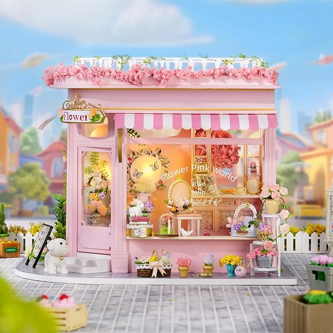 TuKIIE DIY Miniature House Kit with Furniture, 1:24 Scale Creative Room Mini Wooden Dollhouse Book Nook Plus Dust Proof & Music Movement for Kids Teens Adults(Flower Shop)