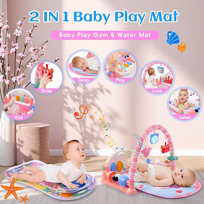 Baby Gyms Play Mats with Tummy Time Water Mat, Baby Activity Mat Play Piano Gym with 5 Sensory Toys for Babies, Music and Lights Boy & Girl Gifts for Infant Newborn Babies 0-3 4-6 6-9 6-12 Months