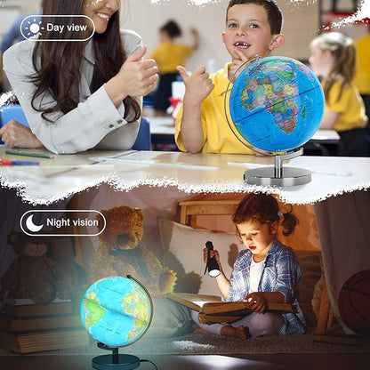 6 in1 Illuminated World Globe for Kids & Adults All Ages High Clear Map, Illuminates Educational Interactive STEM Toy, Light Up Kids Globe Lamp,Gifts For Boys And Girls