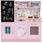 HONEY JOY Kids Kitchen Playset, Wooden Little Chef Pretend Toy Kitchen Set w/Chalkboard, Telephone, Utensils, Oven, Microwave, Sink, Storage, Play Kitchen for Toddlers Boys Girls, Pink Flower