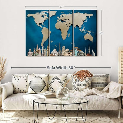 ElephantStock Ocean Blue World Map Multi Piece Canvas - 3 Panel Wall Decor - Map of the World Art - Canvas for the Office and Home - 57" X 36"