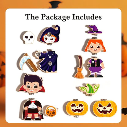 HUZU Halloween Snap Together Dress Up Building Blocks Toys, Witch Vampire Skeleton Pumpkin Take Apart Characters, 3 4 5 6 7 8 Years Old Kids Wooden Puzzle, STEM Fine Motor Skill Halloween Party Gift