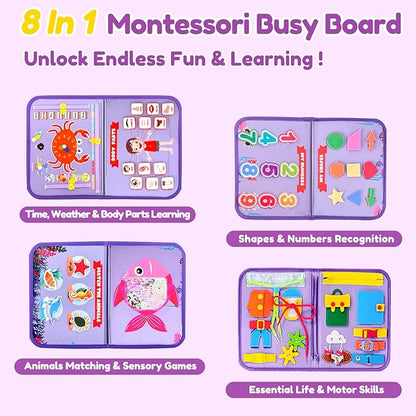 Qizfun Montessori Busy Board Book for Toddlers, Mermaid Sensory Learning Toy for Girls, Educational Fine Motor Skills Toy, Travel Busy Board for Car & Airplane