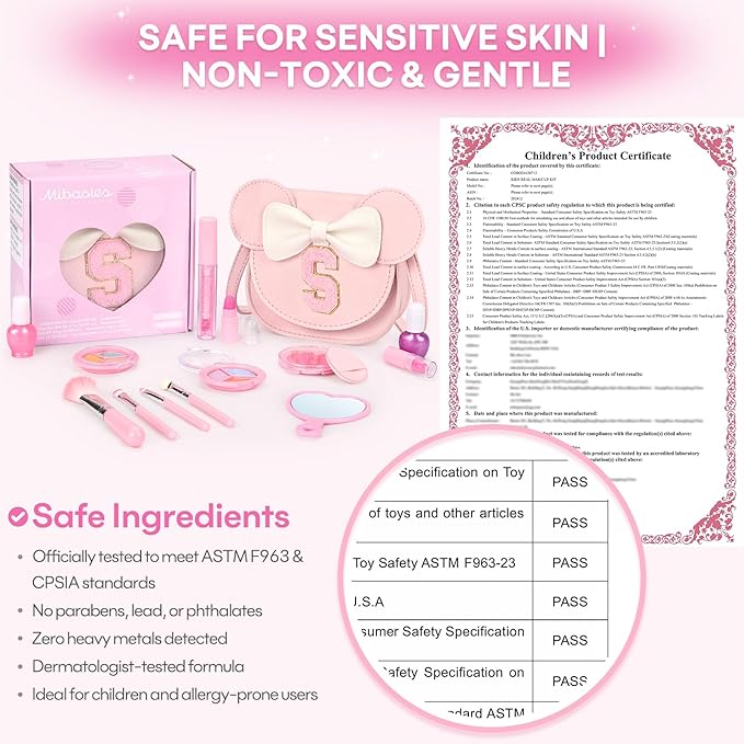 Kids Makeup Kit for Girls - 15 Pcs Real Washable Make Up Set - Non Toxic Toddlers Cosmetic with Letter Mouse Ear Purse - Dress up Birthday Gifts for 3 4 5 6 7 8 Years Old Girls - S