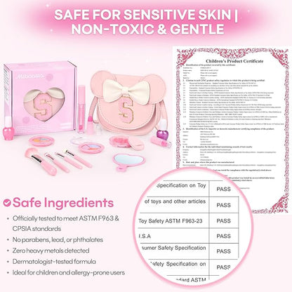 Kids Makeup Kit for Girls - 15 Pcs Real Washable Make Up Set - Non Toxic Toddlers Cosmetic with Letter Mouse Ear Purse - Dress up Birthday Gifts for 3 4 5 6 7 8 Years Old Girls - S