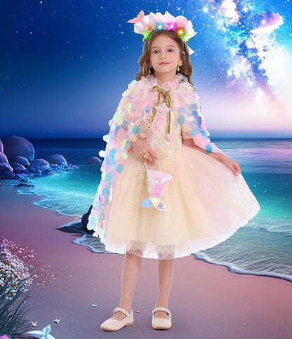 Princess Dress Up Toys Princess Dress Up Clothes Rainbow Mermaid Cape Kit 9 Pcs Gift Set for Little Girls 3-8 Years