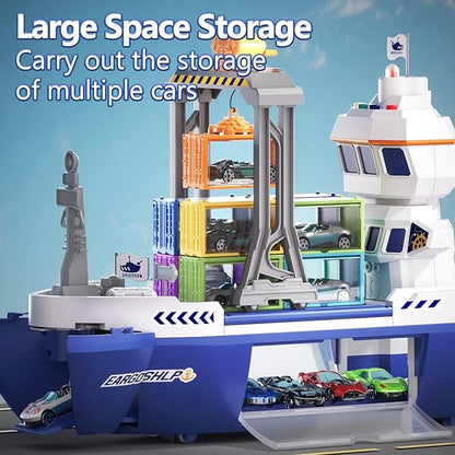 Toy Boat & Gantry Crane for Kids, Cruise Ship with 18 Mini Race Cars and 6 Containers, Cargo Ship Toy with Sounds and Lights, Boats Age 3 4 5 6 7 8 for Boys Girls Birthday Present