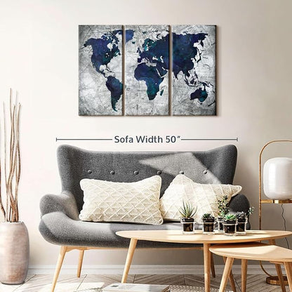 ElephantStock Deep Blue World Map Multi Piece Canvas - 3 Panel Wall Decor - Map of the World Art - Canvas for the Office and Home - 38" X 24"