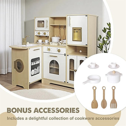 Large Wooden Corner Play Kitchen Sets with Real Running Water, 2 in 1 Water Dispenser with Ice Maker, Toy Tove with Light and Sounds for Toddlers, Preschoolers, Children Age 3+ Years