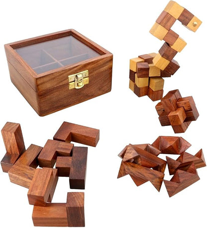 Ajuny Wooden Puzzles Box Set (4 Games) Brain Teaser for Teens & Adults, IQ Test Interlocking 3D Puzzles, Handcrafted Rustic Patio Decor, Unique Gift for Christmas and Birthdays