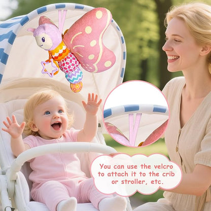 Baby Toys 0-6 Months,Infant Musical Sensory Stuffed Animal with Squeaker,Rattle,Crinkle Wings,Teether & Hanging Ring,Tummy Time Toy for Newborn 0-3-6-12 Months Boys & Girls Gift,Butterfly,Pink