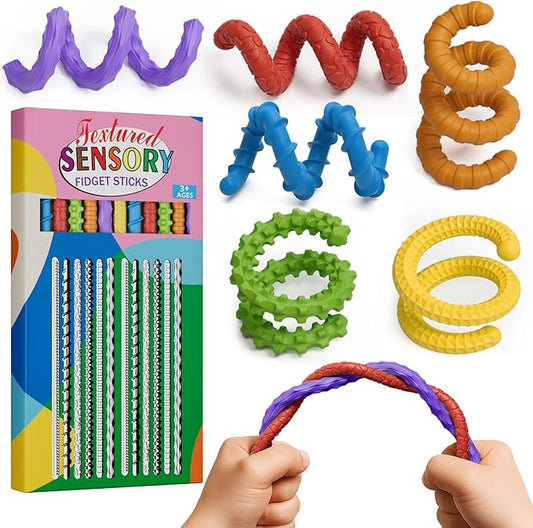 Flexible Sensory Fidget Sticks for Kids,12PCS Sensory Fidget Toys for Stress Anxiety Autistic ADHD,Calm Down Travel Airplane Essentials Toys,Stuffers Gifts for Teens Boys Girls