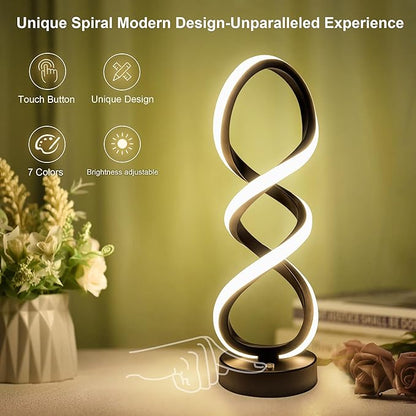 Modern Table Lamp, 7 Colors 10 Light Modes Spiral Design Table Lamp, Touch Dimmable Nightstand Lamp, Unique Bedside Lamp for Living Room, Bedroom, Cool Lamps, Black