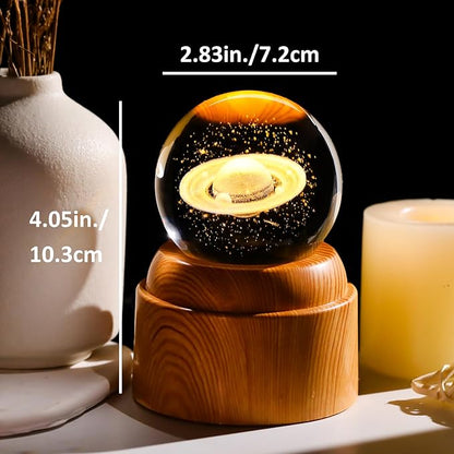 3D Saturn Crystal Ball 2.36“ Engraved with Rotated Wood Bases, Crystal Sphere Saturn Lamp Astronomy Gifts Physics Science Decor Space Gifts for Women Men