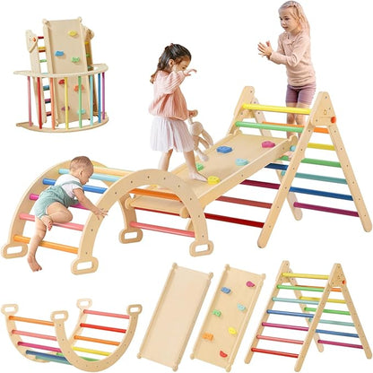 Tiny Land Pikler Triangle Set, 7-in-1 Foldable Pikler Triangle Climbing Toys Set for Kids,Baby Indoor Playground Jungle Gym, Wooden Montessori Climbing Set for Toddler (Rainbow,Large)
