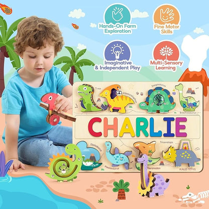 Personalized Wooden Name Puzzle for Toddlers 1-5 - Montessori Wooden Dino Sensory Toy, Custom Educational Learning Toys for, Perfect Birthday Gift for Boys & Girls