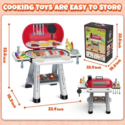 68 Pcs BBQ Grill Playset - with Smoke, Light, Sound & Play Food, Kids Toys Kitchen Play Set, Outdoor Play Grill Toy for Toddlers 3 4 5 6 7 8, Birthday Gifts for 3-8 Years Old Boy Girls