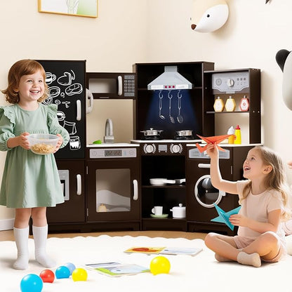 HONEY JOY Corner Play Kitchen, Large Wooden Pretend Toy Kitchen Set w/Lights, Ice & Coffee Maker, Range Hood, Chalkboard, Microwave, Cookware, Little Chef Kids Kitchen Playset for Toddlers (Espresso)