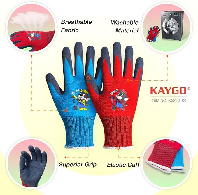KAYGO Kids Gardening Gloves 4 Pairs - Polyester Seemless knitted with Latex Sandy Finish Coating, KGKID100, Ideal for kids gardening, DIY,Light duty works, and outdoor activities (XXXS (Age 5-7))