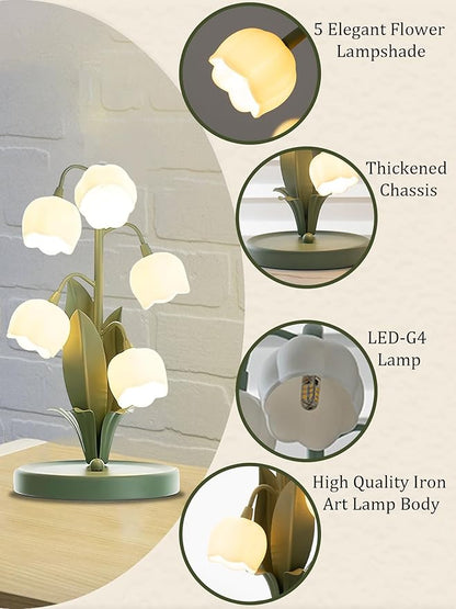 Green Flower Lamp for Home,Bedside Vintage Table Lamps,5 Lily of The Valley Reading Lights,3 Colors Modes Kawaii Bedside Lamp Decor,with G4 Bulb Nightstand Light for Living Room Office Bedroom