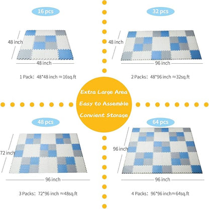 Foam Floor Mats for Kids, 12 x 12 Inch 16 Tiles 0.4" Thickness Foam Play Mat, Non-Toxic Square Interlocking Floor Mats Rubber Baby Play Mat for Toddlers(White/Gray/Gray Blue)
