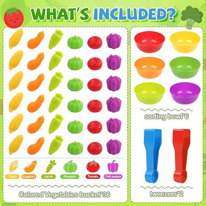 Counting Vegetables Matching Games Sensory Toys with Sorting Bowls Preschool Learning Activities Color Classification Montessori Educational Toys Set Gift for Boys Girls Toddlers Toys Age 3+