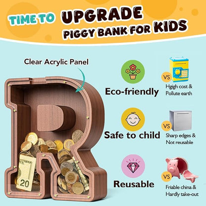 Summidate Wooden Letter Piggy Bank, Extra Thick Large Capacity Piggy Bank for Kids Boys Girls Toddler, Alphabet R Money Bank| Coin Box Birthday, Christmas, Festival