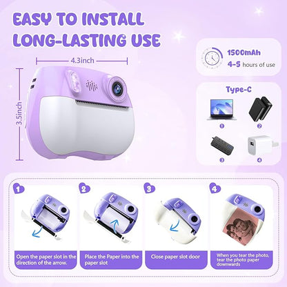 Instant Print Camera for Kids Christmas Birthday Gifts for Girls Boys HD Kids Digital Video Cameras for Toddler, Portable Toy for 3 4 5 6 7 8 9 10 11 12 Year Old with 32GB & 250 Print Paper, Purple