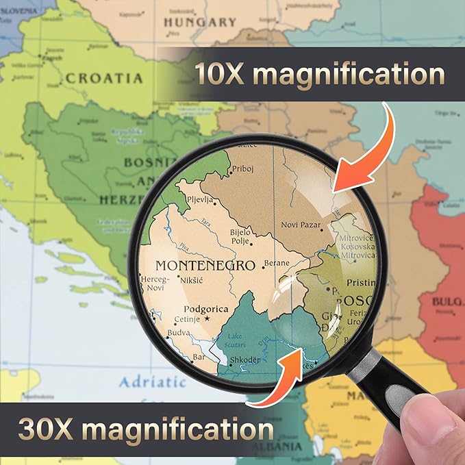 Feosky Handheld Reading Magnifier, 10X 30X Magnifier, 90mm Shatterproof Lens, Non-Slip Handle for Adults Close Work, Seniors Reading and Kids Nature Exploration, Hobby Observation(Silver)