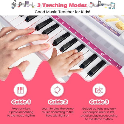HONEY JOY Classical Kids Piano, 37-Key Toy Mini Grand Piano with Music Stand & Stool, Portable Electronic Educational Musical Instrument Toy w/ Microphone, Lights, Gift for Kids (White, 37 Keys)