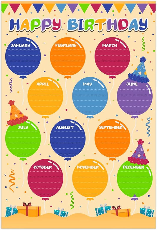 FLYAB Birthday Poster for Classroom - Balloons Chart for Back to School Laminated Kids Calendar for Bulletin Board Decorations Teacher Supplies