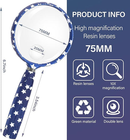 Feosky Handheld Reading Magnifier, 10X 30X Magnifier, 75mm Shatterproof Lens, Non-Slip Handle for Adults Close Work, Seniors Reading and Kids Nature Exploration, Hobby Observation(Star)