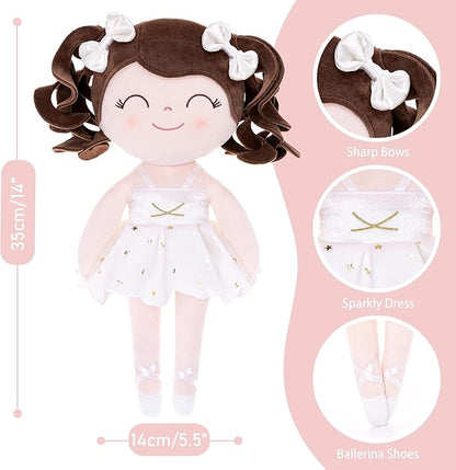 Gloveleya Baby Dolls Soft Snuggly Curly Hair Ballerina Doll First Baby Girl Gifts Plush Ballet Doll with Lace Mesh Dress White 14inches Ballerina Series