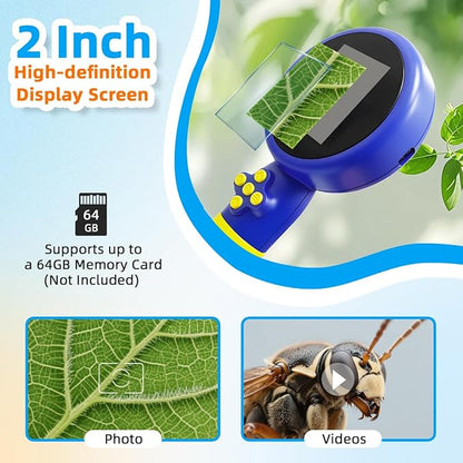 Kids Microscope with Bug Catcher Kit, 1080P Digital Mini Handheld Microscope STEM Science Toy with LED Light, Rechargeable, Portable, Supports 64GB TF Card, Educational Gift for Kids Ages 3-12 (Blue)