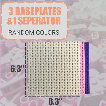 1000 Pieces Classic Building Bricks, Classic Stackable Base Plates, 3 6.3" x 6.3" White, Pink and Purple Base Plates, Compatible with All Major Brands, Toys for Ages 6-7-8-13 Girls