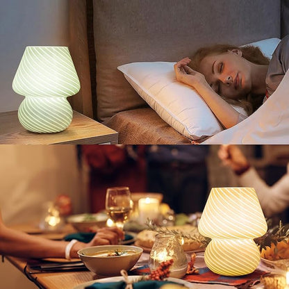 USB Plug-in Mushroom Lamp Small Bedside Table Lamp with 3 Temperature LED Bulb,Free Dimming Nights Light for Bedroom/Living Room/Entryway/Corner Decor (Stripe Green)