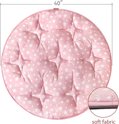 Moonsea Round Kids Play Mat Pink Star Nursery Rug for Baby Girl, Soft Crawling Non Slip Cushion Play Mat for Children Toddlers Bedroom and Princess Pop Up Play Tent, Diameter 40''