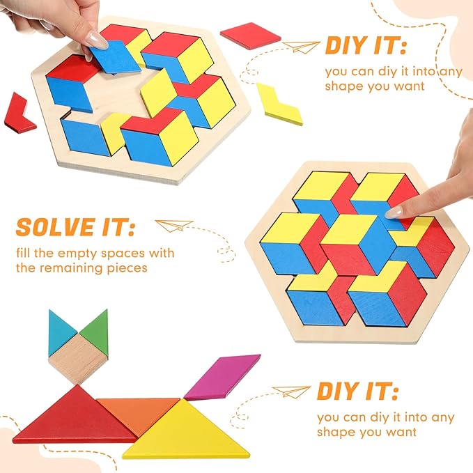 Jerify 8 Pack Wooden Tangrams Puzzles Wooden Hexagon Puzzles Blocks Geometric Tangram Jigsaw for Adults 3D Logic Intelligence IQ Game Gift