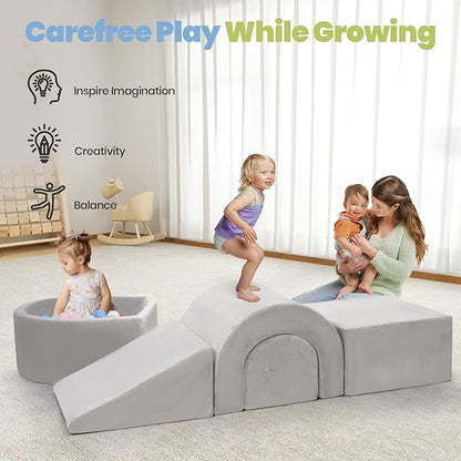 Foam Climbing Blocks for Toddlers, 5-Piece Tunnel Climber and Crawl Playset, Indoor Activity Play with Ball Pit, Machine Washable Velvet Cover, Soft Climbing Toy for Kids 1-3 (Gray)