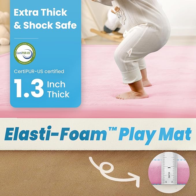 1.3" Thick Baby Play Mat for Floor Playpen, 50x50 Foam Tummy Time Mat, Padded Support Soft Plush Nursery Rug for Infant Kids Toddler Crawling Kick Activity (Pink)