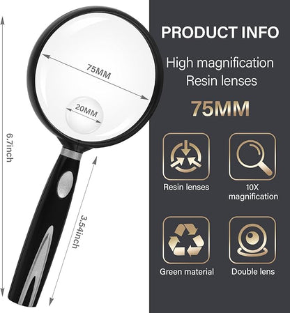 Feosky Handheld Reading Magnifier, 10X 30X Magnifier, 75mm Shatterproof Lens, Non-Slip Handle for Adults Close Work, Seniors Reading and Kids Nature Exploration, Hobby Observation(Silver)