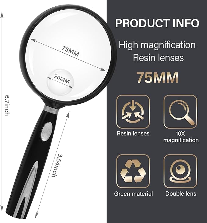 Feosky Handheld Reading Magnifier, 10X 30X Magnifier, 75mm Shatterproof Lens, Non-Slip Handle for Adults Close Work, Seniors Reading and Kids Nature Exploration, Hobby Observation(Gold)