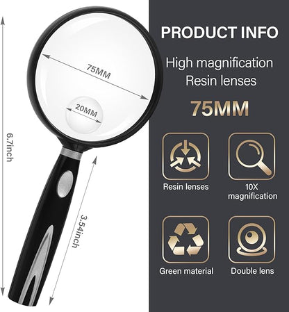 Feosky Handheld Reading Magnifier, 10X 30X Magnifier, 75mm Shatterproof Lens, Non-Slip Handle for Adults Close Work, Seniors Reading and Kids Nature Exploration, Hobby Observation(Gold)