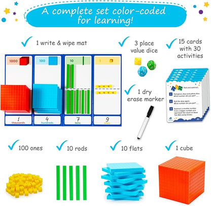 Simply magic 140+1 PCS Colorful Base Ten Blocks & Activities Set - Base Ten Blocks Classroom Set, Base 10 Math Manipulatives, Place Value Blocks Mat, Ones Tens Hundreds Blocks, Math Counters Cubes