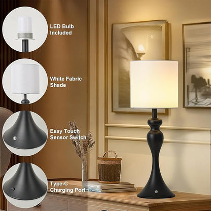 Table Lamp for Bedroom, Cordless Bedside Lamps for Living Room, Touch 3-Way Dimmable Desk Lamp for Night Stands, Rechargeable, Battery Operated Lamp with Fabric Shade for Dorm, Home Office (Black)