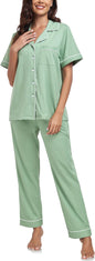 CF Womens 100% Cotton Pajamas Set Button Down Pjs Sets Short Sleeve Top & Long Pants Sleepwear Comfy Loungewear with Pockets